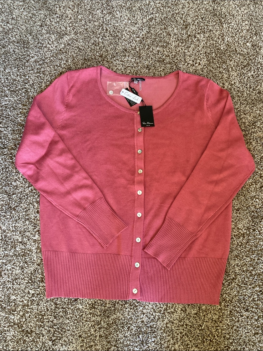 Classic Crewneck Button-Front Cardigan in Rose Pink